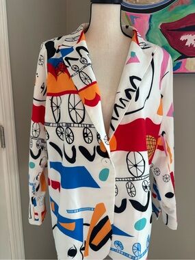 L'ATISTE White “Graffiti Print” Abstract Bold Blazer